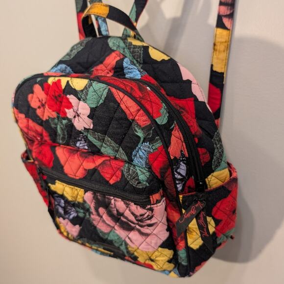 Vera Bradley Quilted Backpack Red Yellow Havana Rose Pattern Travel Brunch Bold - Picture 2 of 9